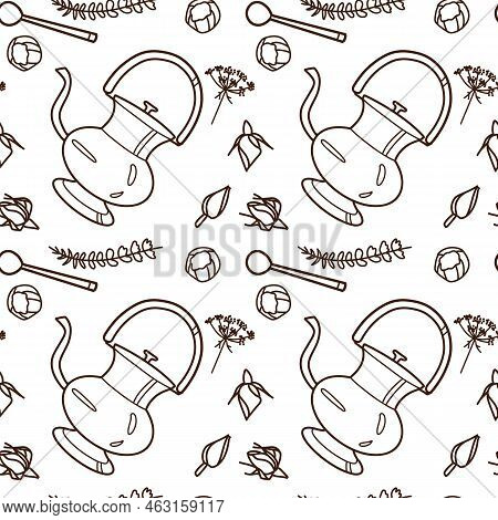 Contur Vector Seamless Pattern On The Cups And Teapot F