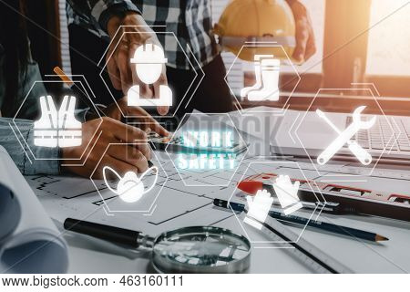 Work Safety Concept, Construction Team Worker Working In Office With Vr Screen Work Safety Icon, Fir