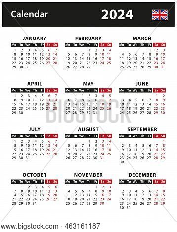 2024 Calendar - Vector Stock Illustration. English Version