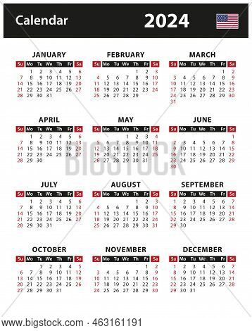 2024 Calendar - Vector Stock Illustration. English American Version