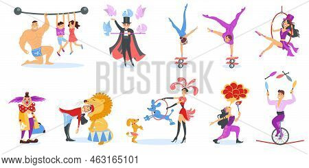 Cartoon Circus Artists. Entertainment Workers. Trained Animals. Jugglers And Jesters Amusement Show.