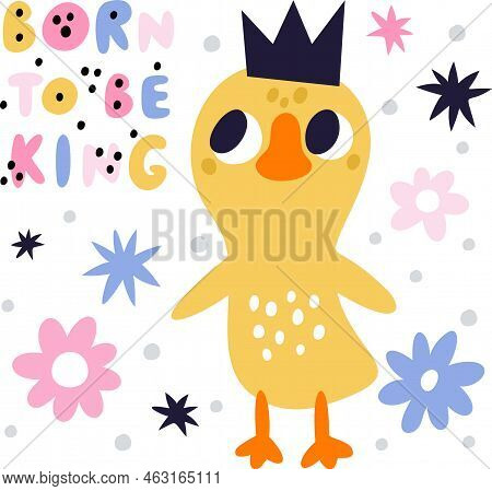 Chickens Card. Chicks Greeting Poster. Newborn Bird And Flowers. Little Yellow Animal. Baby Shower A