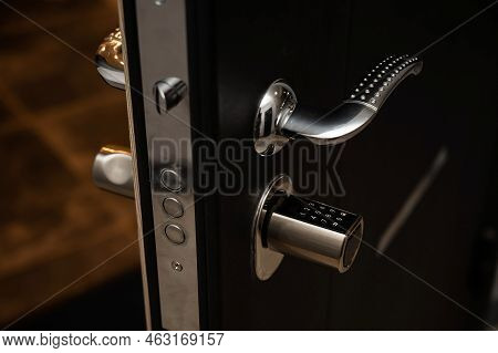 Open Door To The Apartment With A Combination Lock. Keyless Entry.