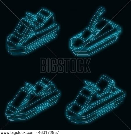 Jet Ski Icons Set. Isometric Set Of Jet Ski Vector Icons Neon Color On Black