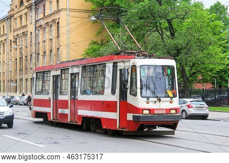 Saint Petersburg, Russia - May 26, 2013: Old Urban Tramway Model 71-134k (lm-99k) In The City Street