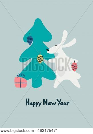 New Year Greeting Card With Water Rabbit, Zodiac Animal For 2023. Horoscope Bull And Hand-lettered G