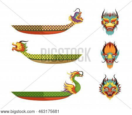 Dragon Boat As Chinese Wooden Watercraft Vector Set