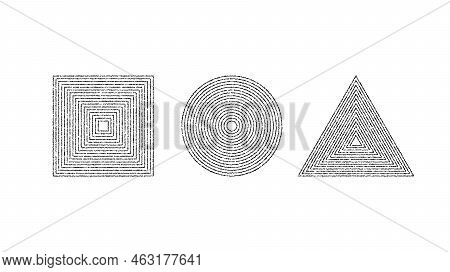Dotted Grainy Shapes Set. Stippled Square, Circle And Triangle. Grain Noise Geometric Forms. Stochas