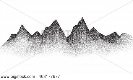 Grain Stippled Mountains. Dotted Landscape And Terrain. Black And White Grainy Hills In Dotwork Styl