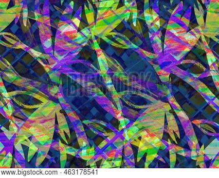 Abstract Botanical Seamless Tropical Pattern. Stylized Flowers Of Royal Strelitzia Drybrushed In Nig