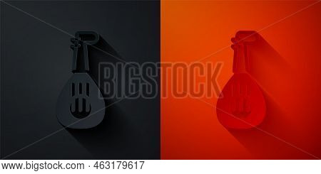 Paper Cut Musical Instrument Lute Icon Isolated On Black And Red Background. Arabic, Oriental, Greek