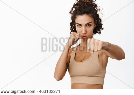 Image Of Sexy Fitness Woman Practice Box, Punching Air, Restle In Activewear, Doing Gym Exercises, W