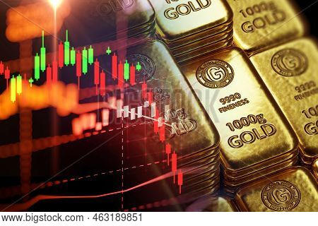 Stack Of  Shiny Gold Bars On Down Trend Financial Gold Price Graph ,concept Of Economy Crash And Fin