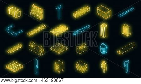Plywood Icons Set. Isometric Set Of Plywood Vector Icons Neon Color On Black