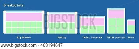 Website Breakpoint Prototypes Vector Illustration. Desktop, Tablet And Phone.