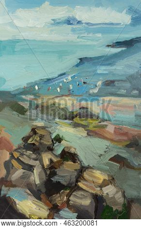 Abstract Mountains Oil Painting. Author's Modern Painting. Light Blue Haze Gentle Atmospheric Backgr