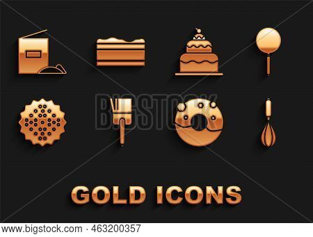 Set Kitchen Brush, Frying Pan, Whisk, Donut With Sweet Glaze, Cracker Biscuit, Cake, Flour Pack And 