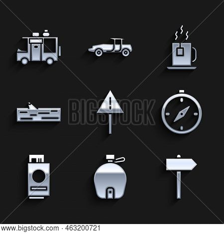 Set Exclamation Mark In Triangle, Canteen Water Bottle, Road Traffic Signpost, Compass, Passport Wit