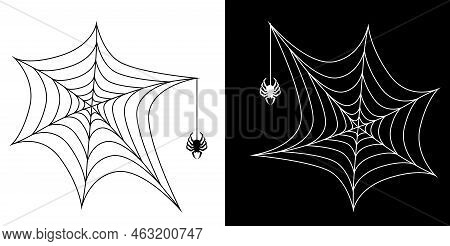 Spider Web In Black And White Variants With Hanging Poisonous Spider On It. Halloween Decorative Art