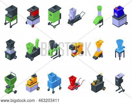 Garden Shredder Icons Set Isometric Vector. Wood Tree. String Mower