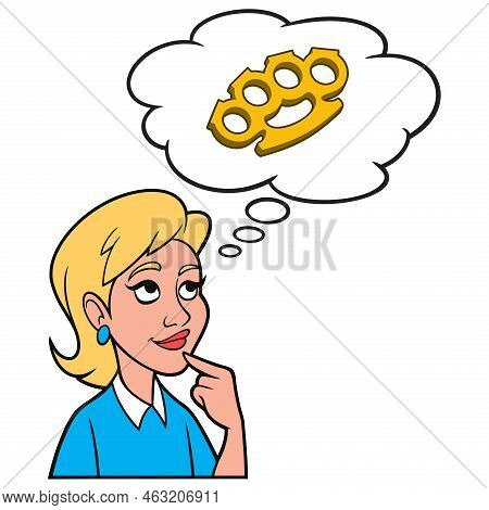 Girl Thinking About Brass Knuckles - A Cartoon Illustration Of A Girl Thinking About Using Brass Knu