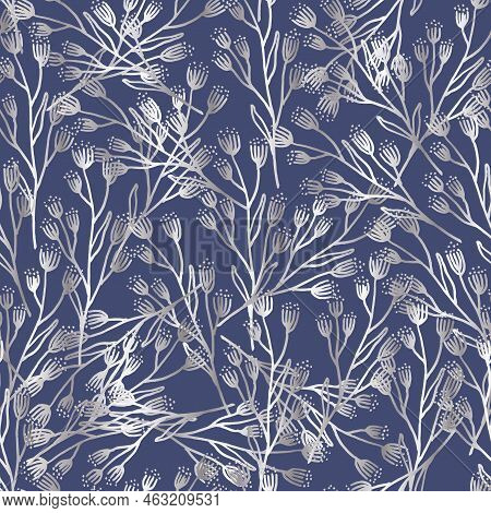 Nature Silver Leaves Line Arts On Blue Background Vector. Floral Seamless Pattern, Silver Leaves Lin