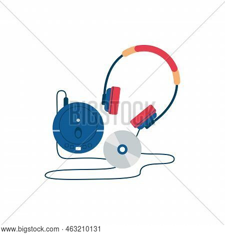 Old Fashioned Portable Music Player With Cd Discs And Headphones. Device For Listening To Compositio