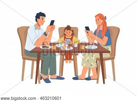 Smartphone Addiction In Family, Isolated Kids And Parents Playing On Phones, Reading News On Chattin