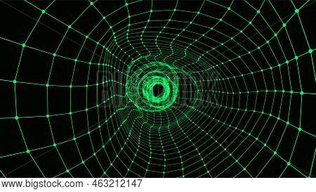 Abstract Sci-fi Green Tunnel. Wormhole Absorbs Cyberspace. 3d Portal. Vector Uturistic Fantasy High-