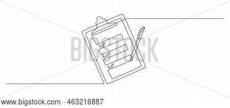 Clipboard With Checklist And Pen In One Continuous Line Drawing. To Do List With Ticks And Concept F