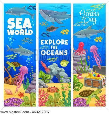 Cartoon Underwater Landscape Banners With Sea Bottom, Sunken Ship, Whale, Turtle, Fish Shoal, Treasu