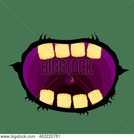 Vector Cartoon Funny Zombie Monster Open Mouth With Rotten Teeth Isolated On Green Background. Vecto