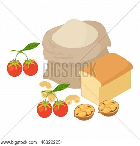 Carb Food Icon Isometric Vector. Flour Bag, Loaf Of Bread, Walnut And Goji Berry. Bakery Product, Co