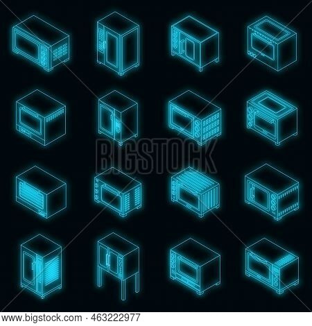 Convection Oven Icons Set. Isometric Set Of Convection Oven Vector Icons Neon Color On Black