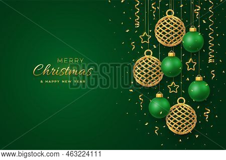 Christmas Banner With Shining Hanging Gold And Blue Balls Golden Stars And With Confetti On Green Ba