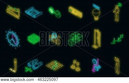 Problem Solving Icons Set. Isometric Set Of Problem Solving Vector Icons Neon Color On Black