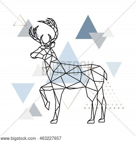 Forest Geometric Deer With Raised Hoof. Side View. Wild Deer On Scandinavian Background.