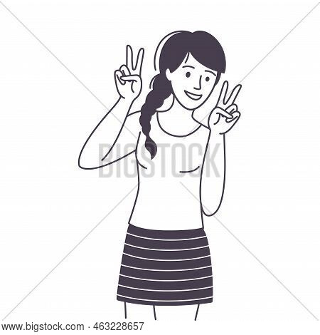 Woman Character Showing V Peace Sign As Positive Hand Gesture Outline Vector Illustration