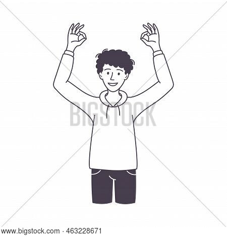 Man Character Showing Ok Positive Hand Gesture Outline Vector Illustration