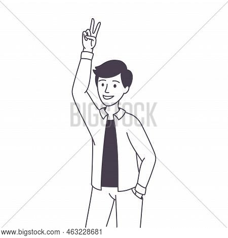 Man Character Showing V Peace Sign As Positive Hand Gesture Outline Vector Illustration