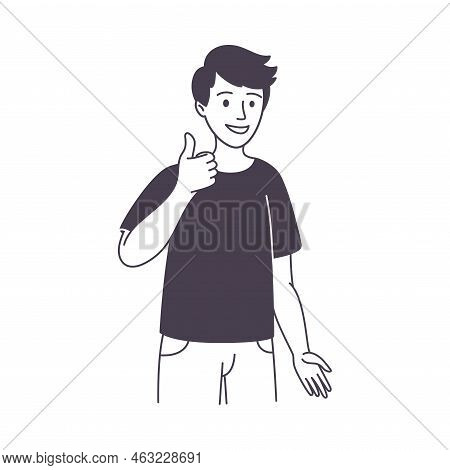 Man Character Showing Thumb Up As Positive Hand Gesture Outline Vector Illustration