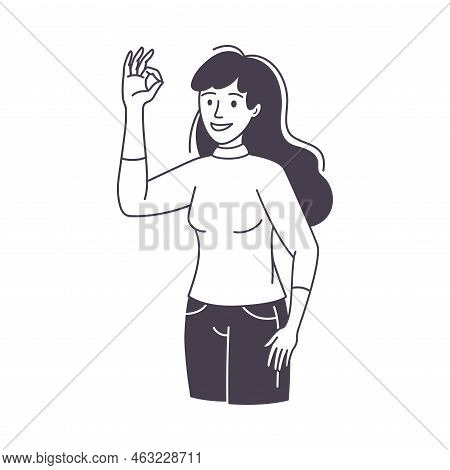 Woman Character Showing Ok Positive Hand Gesture Outline Vector Illustration