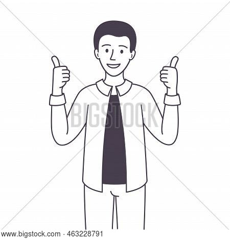 Man Character Showing Thumb Up As Positive Hand Gesture Outline Vector Illustration