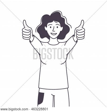 Woman Character Showing Thumb Up As Positive Hand Gesture Outline Vector Illustration