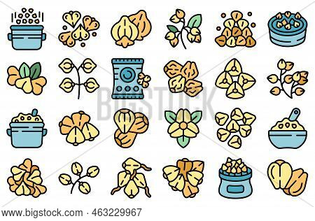 Buckwheat Icons Set Outline Vector. Agriculture Cereal. Detox Diet Thin Line Color Flat On White