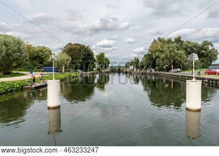 Zemst, Flemish Brabant Region- Belgium - 08 25 2021 Ship At The Pier At The River Senne