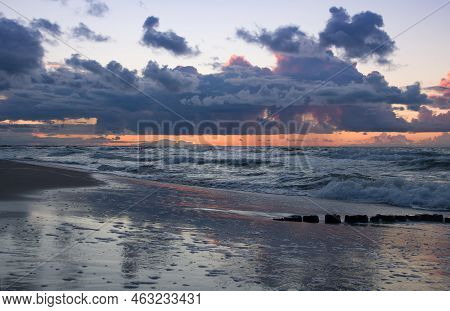 Baltic Sea Coast At Sunset. Rewal. Poland. A Close Up