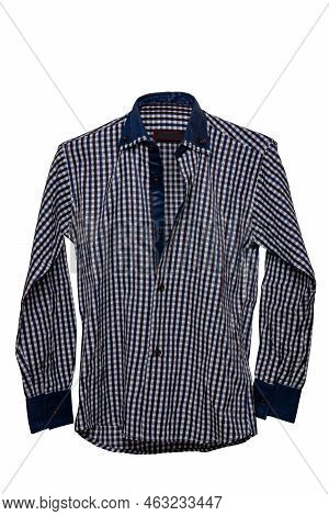 Checked Shirts. Close-up Of A Blue Gray And White Tartan Or Plaid Shirt For Mens Isolated On A White