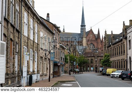 Veurne, West Flanders Region - Belgium - 07 18 2021 View Over The Streets And Historical Tower Of Ol