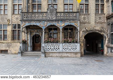 Veurne, West Flanders Region - Belgium - 07 18 2021 Arched Facade Of The Town Hall At The Old Market